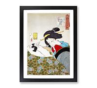 Reading With The Cat By Tsukioka Yoshitoshi Asian Japanese Framed Wall Art Print, Ready to Hang Picture for Living Room Bedroom Home Office Décor, Black A4 (34 x 25 cm)