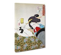Reading With The Cat By Tsukioka Yoshitoshi Canvas Print | Gallery Wrapped 30mm Frame Wall Art | 30x20 inches | Ready to Hang | Asian Animals Picture | Living Room Bedroom Lounge Office