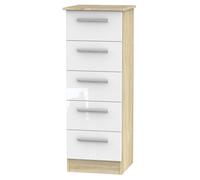 Welcome Furniture Ready Assembled Contrast 5 Drawer Tallboy In White Gloss & Bardolino Oak