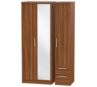 Trent Tall Triple Mirror Side Drawer Wardrobe In Noche Walnut (Ready Assembled)