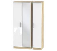 Welcome Furniture Ready Assembled Contrast Triple Mirror Wardrobe In White Gloss & Bardolino Oak