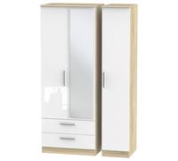 Welcome Furniture Ready Assembled Contrast Triple Mirror Wardrobe With 2 Drawers In White Gloss & Bardolino Oak