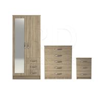 Ready assembled 3 Pcs Classic 2 Door Mirrored Combi Wardrobe, Chest And Bedside Set Oak