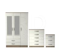 Ready assembled 3 Pcs Classic 3 Door 2 Drawer Mirrored Wardrobe, Chest And Bedside Set Oak And White