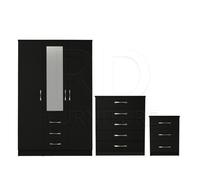 Ready assembled 3 Pcs Classic 3 Door 3 Drawer Combi Mirrored Wardrobe, Chest And Bedside Set Black