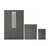 Ready assembled 3 Pcs Classic 3 Door 3 Drawer Combi Mirrored Wardrobe, Chest And Bedside Set Grey