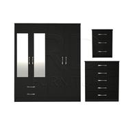 Ready assembled 3 Pcs Classic 4 Door 2 Drawer Mirrored Wardrobe, Chest And Bedside Set Black