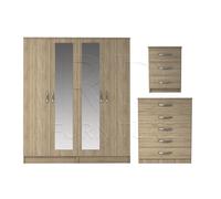 Ready assembled 3 Pcs Classic 4 Door Double Mirrored Wardrobe, Chest And Bedside Set Oak