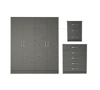 Ready-Assembled 3-Piece Classic Grey Wardrobe Set: 4-Door Wardrobe, 5-Drawer Chest & Bedside