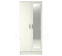 Ready Assembled Classic 2-Door Mirrored Wardrobe - White, 184cm tall, with Castors, Mirror, Shelf & Hanging Rail