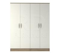 Ready-Assembled Classic 4-Door Wardrobe in Oak & White | 2-Part, Castors, 184x156x50 cm