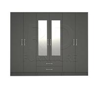 Ready Assembled Classic Grey 6-Door Mirrored Wardrobe with 2 Drawers