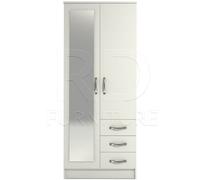 Ready Assembled Classic White Wardrobe with Full-Length Mirror, 2 Doors, 3 Slim Drawers, Castors, Top Shelf & Hanging Rail