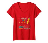 Ready for First Grade: Exciting School Adventure Begins V-Neck T-Shirt, Women, Red, L
