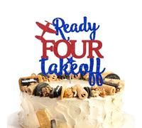 Ready Four Take Off Cake Topper - Airplane 4th Birthday Cake Decor, Ready Aviation Themed Plane Takes off 4th Birthday Party Decorations Blue & Red Glitter
