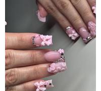 Ready Manicure Tips, French Tip 24 Piece Set with White Gloss Finish, ABS False Tips and Layered Ornament Accent for Gathering Looks
