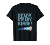 Ready Steady Binge Movie Night Neon Popcorn Design T-Shirt