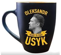READY TO FIGHT USYK and RTF Official Boxing Champion Coffee Mug, Ceramic Tea Cup, Black with Gold Design, Collectible Merchandise