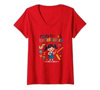 Ready to Rock Kindergarten First Day Girl Backpack Pencil V-Neck T-Shirt, Women, Red, M