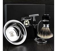 Ready to Use 4 Pcs Men's Shaving Set with Double Edge Safety Razor, Sliver Tip Badger Hair Brush, Stand and Steel Soap Bowl