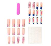 Ready to Wear Press on Tips 24 Pieces with Long Coffin Shape, French Manicure Gradient Stripe, and 3D Flower Accent for Holiday Dressing Press on Tips Long Coffin French Manicure Gradient Stripe Abs