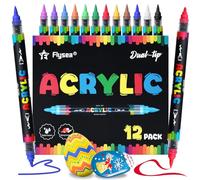 Reaeonat Acrylic Paint Pens, 12 Assorted Colour Dual Tip Brush Fine Point Liquid Ink Acrylic Colouring Pen Set for Art, Wood, Rock Painting, Plastic, Ceramic, Glass and Fabric DIY Drawing