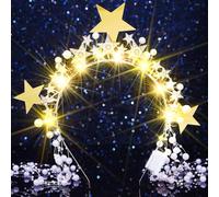 Reaky Light Up Star Halo Crown Led Gold Rhinestone Headpiece Goddess Pearl Headband Carnival Hair Accessories for Women