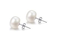 Real 10MM White Pearl Earrings 925 Sterling Silver Flat Button Freshwater Cultured Pearl Stud Earrings