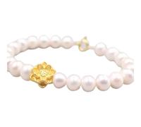 Real 24k Yellow Gold Bracelet For Women 3D Lotus Natural Pearl 10mm Beaded Link-18cm/7.08inch