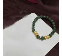 Real 24K Yellow Gold Bracelet For Women Two Fish Jade Oil Green Beads Bracelet -17cm/6.7inch-Oil Green Bead