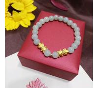Real 24K Yellow Gold Bracelet For Women Two Fish Jade Oil Green Beads Bracelet -17cm/6.7inch-White Jade Bead
