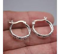 Real 925 Silver Lovely Floral Band Hoop Earrings 0.78" Small Hoop