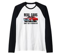 Real Cars Don't Get Plugged in Funny Muscle Car Cartoon Raglan Baseball Tee