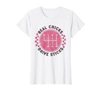Real Chicks Drive Sticks Six Speed Manual Transmission Funny Value Graphic T-Shirt, Women, White, L