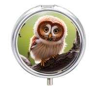 Real Cute Owls Metal Pill Organizer, 3 Compartment Waterproof Pill Case with Mirror for Purse Pocket Bag, Daily Medicine Vitamin Holder, Portable Travel Med Container(Round)