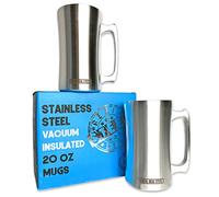 Real Deal Steel Stainless Steel Insulated Beer Mug 20 Oz Beer Stein with Welded Handle and Clear Plastic Lid - Large Metal Tankard for IPA, Coffee, Tea - Double Walled Mugs for Hot or Cold Drinks (2)