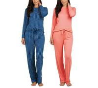 Real Essentials 1 & 2 Pack: Women's Pajama Set Crew Neck Printed Long Sleeve Top and Pants Loungewear - Multicolored - Medium