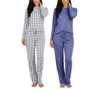 Real Essentials 1 & 2 Pack: Women's Pajama Set Crew Neck Printed Long Sleeve Top and Pants Loungewear - Multicolored - Medium