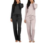Real Essentials 1 & 2 Pack: Women's Pajama Set Crew Neck Printed Long Sleeve Top and Pants Loungewear - Multicolored - Large