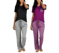 Real Essentials 2 Pack: Women's V-Neck Short-Sleeve T-Shirt & Full-Length Pant Pajama Set - Ultra-Soft Loungewear & Sleepwear S-XXL - Multicolored - Medium