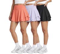 Real Essentials 3 Pack: Women's 14" Layered Ruffle Flowy Tennis Golf Skorts Pockets Pleated Mini Skirt Athletic Liner Shorts, Set 3, L