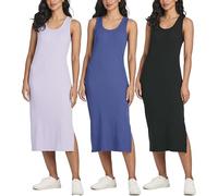 Real Essentials 3 Pack: Women's Ribbed Knit Sleeveless Crew Neck Tank Casual Midi Shift Dress with Slit, Set 4, XL