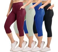 Real Essentials 4 Pack: Women's Capri Leggings with Pockets Casual Yoga Workout Exercise Pants (Available in Plus Size), Set 9, S