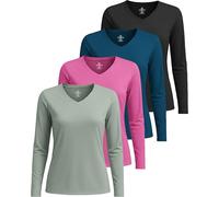 Real Essentials 4-Pack: Women's Dry-Fit Long-Sleeve V-Neck Athletic Workout Clothing, Shirt (Available in Plus Size), Set 2, XXL