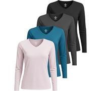 Real Essentials 4 Pack: Women's Long Sleeve Dry Fit V-Neck T-Shirt - Active Athletic Workout Gym Top (Plus Available), Set 6, M