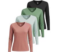 Real Essentials 4 Pack: Women's Long Sleeve Dry Fit V-Neck T-Shirt - Active Athletic Workout Gym Top (Plus Available), Set 4, M