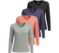 Real Essentials 4 Pack: Women's Long Sleeve Dry Fit V-Neck T-Shirt - Active Athletic Workout Gym Top (Plus Available), Set 5, M