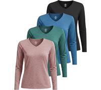 Real Essentials 4 Pack: Women's Long Sleeve Dry Fit V-Neck T-Shirt - Active Athletic Workout Gym Top (Plus Available), Set 8, L