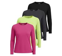 Real Essentials 4 Pack: Womens Quick Dry Fit Tech Stretch Long Sleeve Athletic Workout T-Shirt Tee Top Running Compression Swim Gym Active Wear Crew Exercise Just My Plus Size Yoga Zumba - Set 9, L