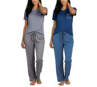 Real Essentials 4 Piece: Women’s Super-Soft Pajama Set V-Neck Short Sleeve Top with Pants Loungewear - Multicoloured - X-Large